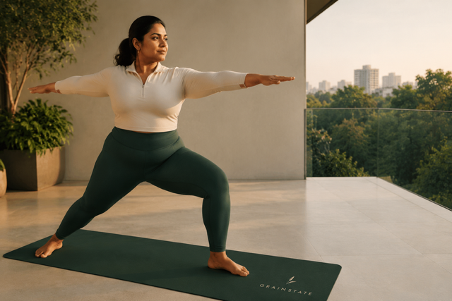 A woman practicing yoga on a GRAINSTATE mat