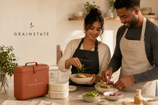A couple preparing nourishing grain bowls together with GRAINSTATE meal-prep essentials
